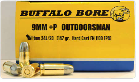 Ammunition Buffalo Bore Ammunition 395 ft lbs 9mm BBA 24L/20    9MM +P      147 OUTDOORMN      20/12